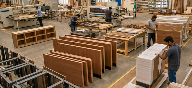 Factory workshop floor with workers producing precision-cut modular restaurant components